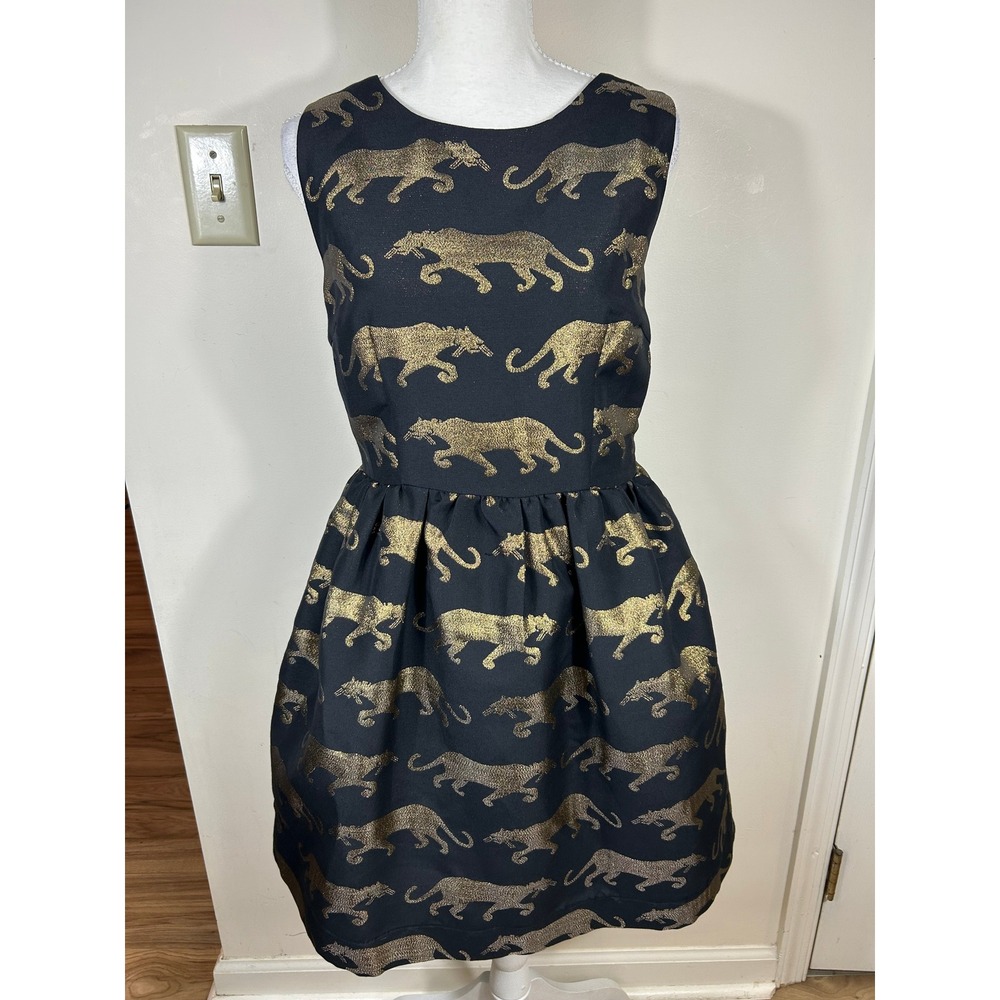Anthropologie Eyedoll Panther Dress Women 9 Black Gold Metallic Party Glam Bold